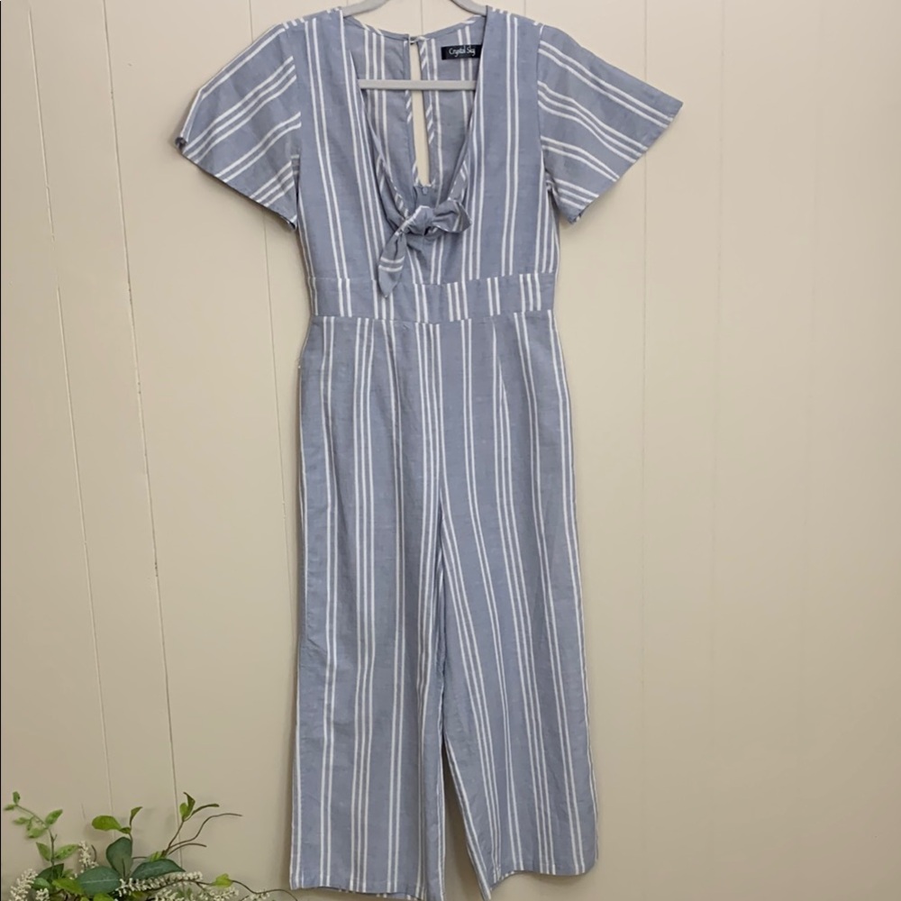 Chambray Blue and White Striped Jumpsuit Keyhole Back